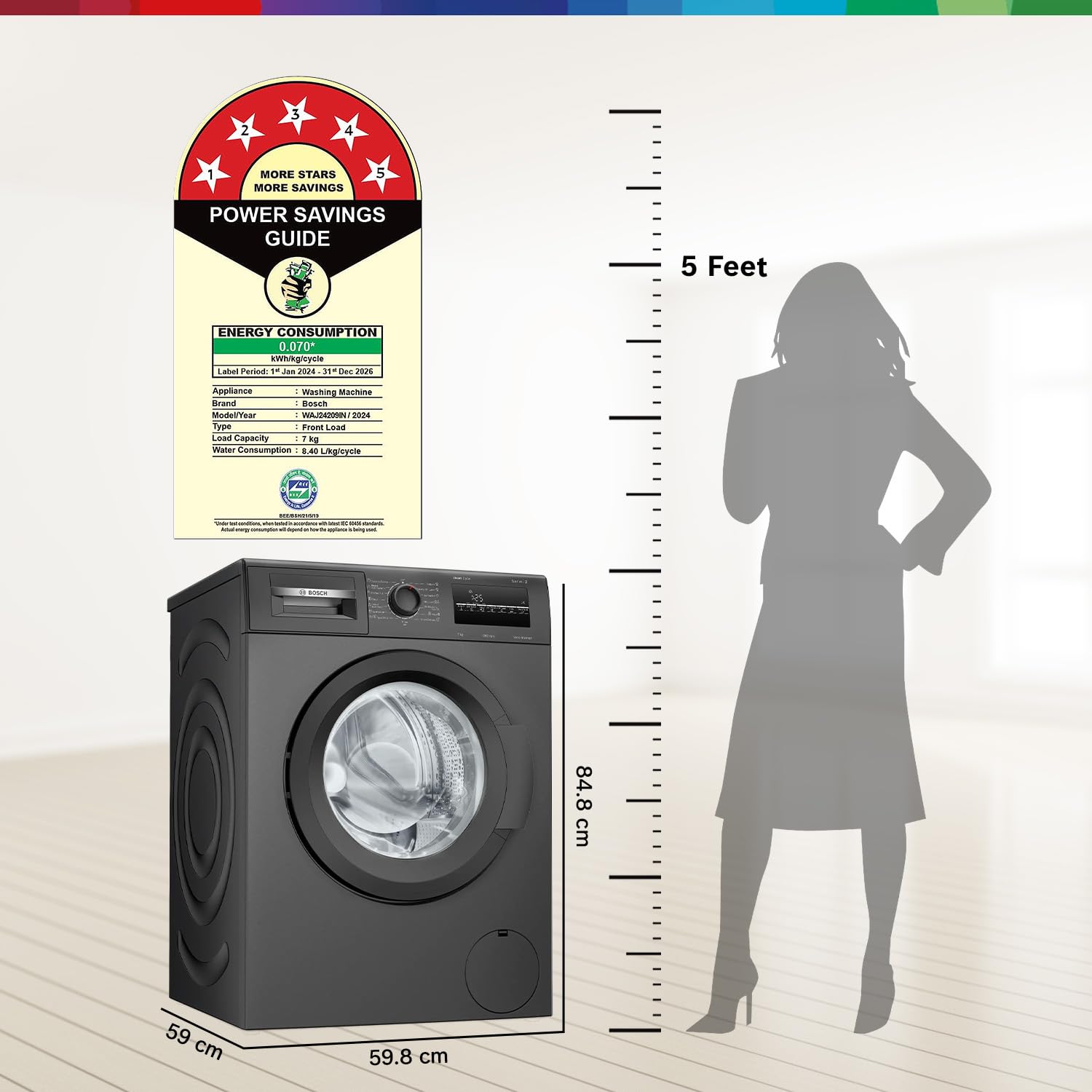 Bosch 7 kg 5 Star Fully-Automatic Front Loading Washing Machine (WAJ24209IN, Black, AI active water plus, In-Built Heater, BLDC Inverter motor, Steam) - Image 2
