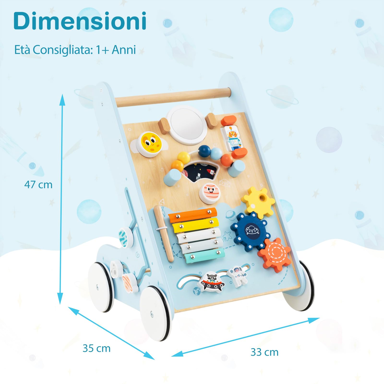 GYMAX Carrello da Passeggio in Legno, Carrello Montessori con Ruote, Spazio di Stoccaggio, Centro Attività per Spingere e Tirare, Carrello per Primi Passi per Bambini e Bambine da 1 Anno in Su (Blu)