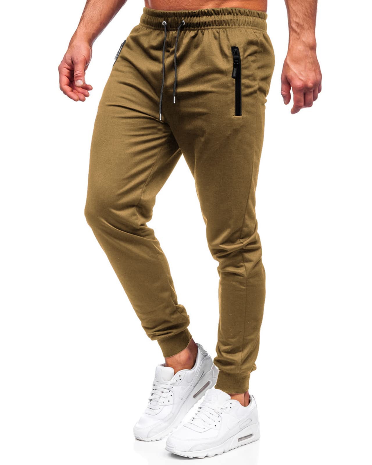 BUXKR Mens Casual Joggers Sweatpants for Jogging,Running or Athletic Activities, Khaki, L