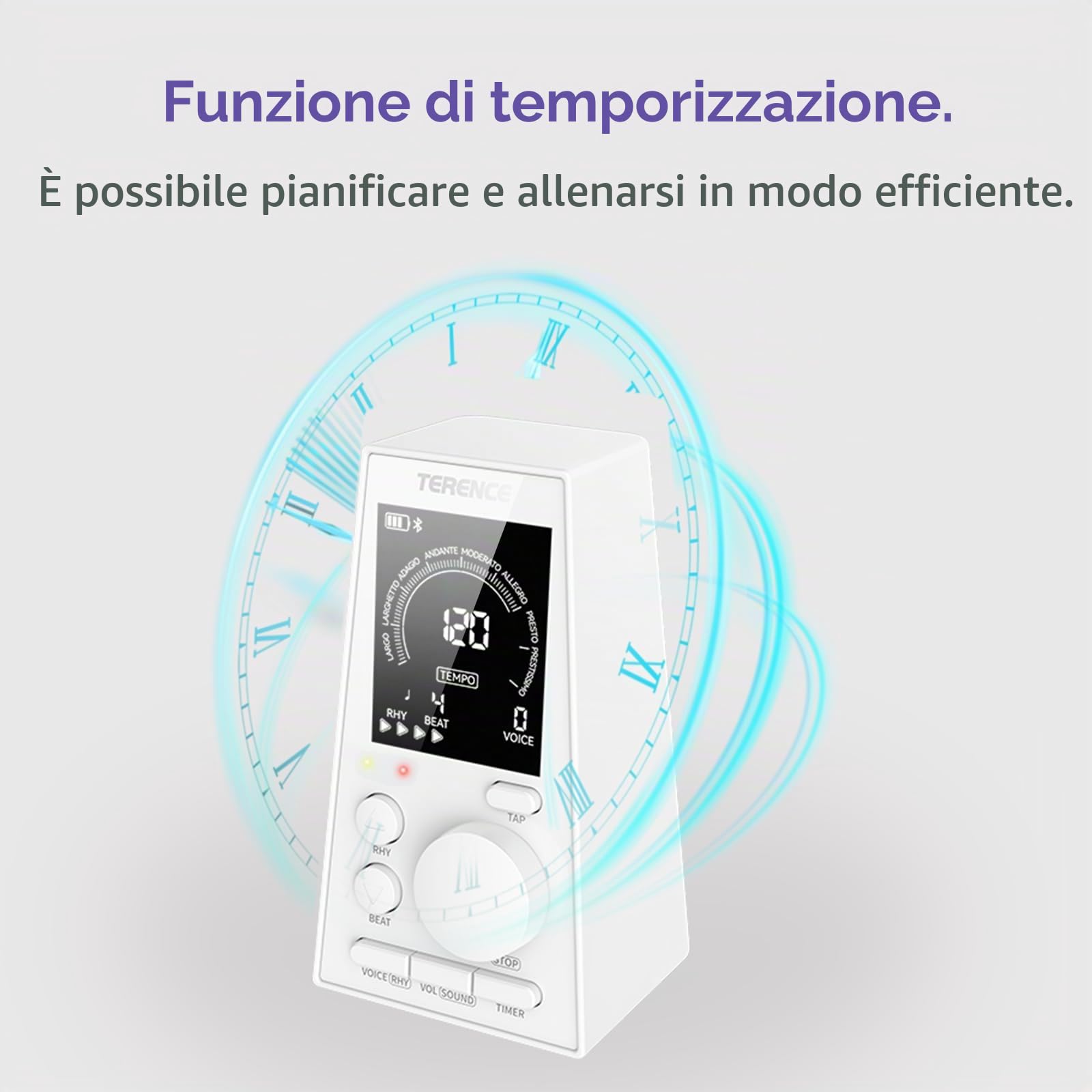 TERENCE Metronomo Digitale per Pianoforte Basso Ukulele Strumenti Musicali Metronomo Elettronico con Altoparlante LCD Display Volume Ritmo Regolabile Ricaricabile Timer Funzione Tempo 30-252bpm Bianco