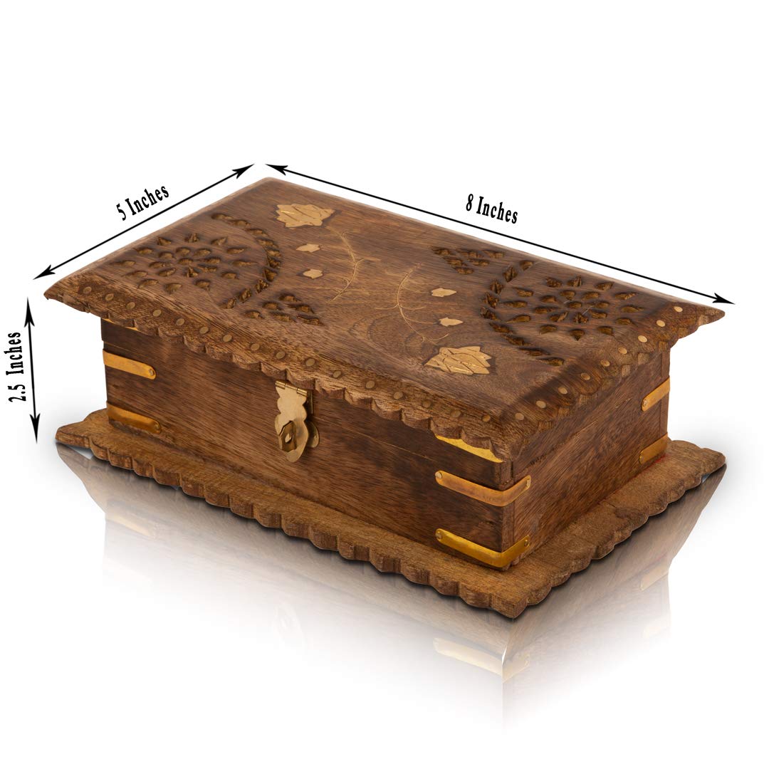 Handmade Wooden Jewelry Box With Tree Of Life Carving - 9x6x6 Inches, Antique Finish Organizer