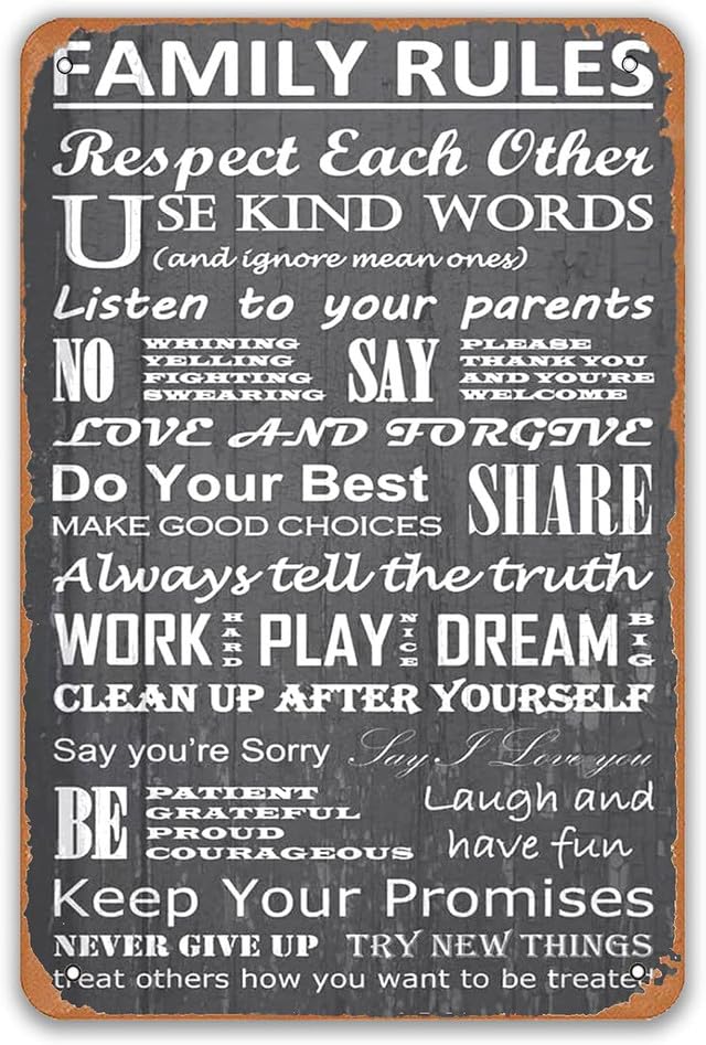 Geroclonup 14x20cm Aluminium Sign House Rules Vintage Metal Tin Signs Wall Decor Family Rules Rustic Decoration for Kitchen Home Funny Retro Wall Art Sign