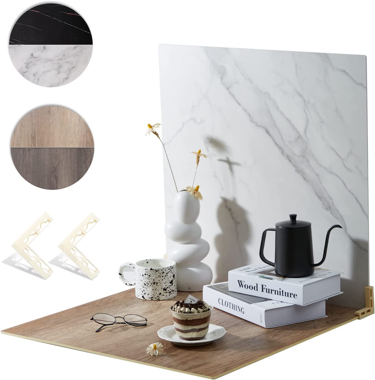 2 pezzi tavole per sfondo fotografico 60x60cm sfondi fotografici bianco marmo venature del legno texture kit doppio lato cibo Flat Lay verticale (2PCS(24x24in))