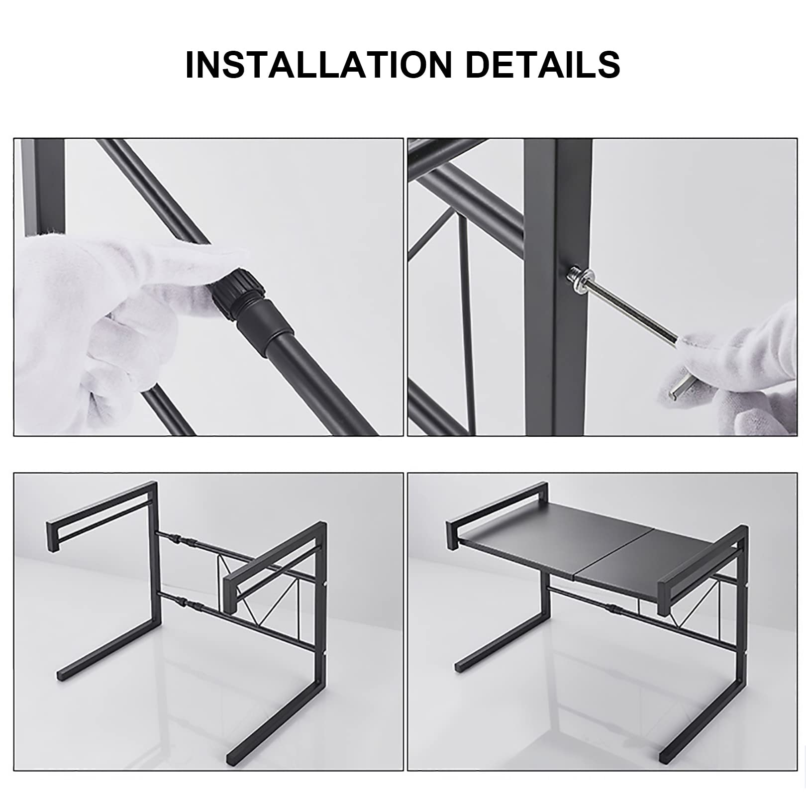 Soporte para microondas con 3 ganchos, acero al carbono, acabado mate, ancho ajustable de 43 a 70 cm, soporte de almacenamiento de vajilla para oficina en casa, color negro