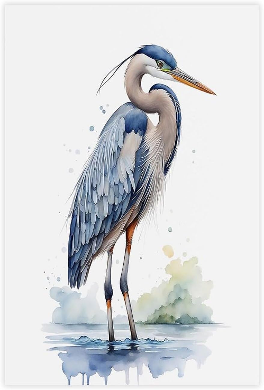Elevate Your Space_ Able Blue Heron in Watercolor Standing Gracefully on Water - Poster Poster Print for Teen Boys Room Wall Art Canvas Painting Print Unframe 24x36inch