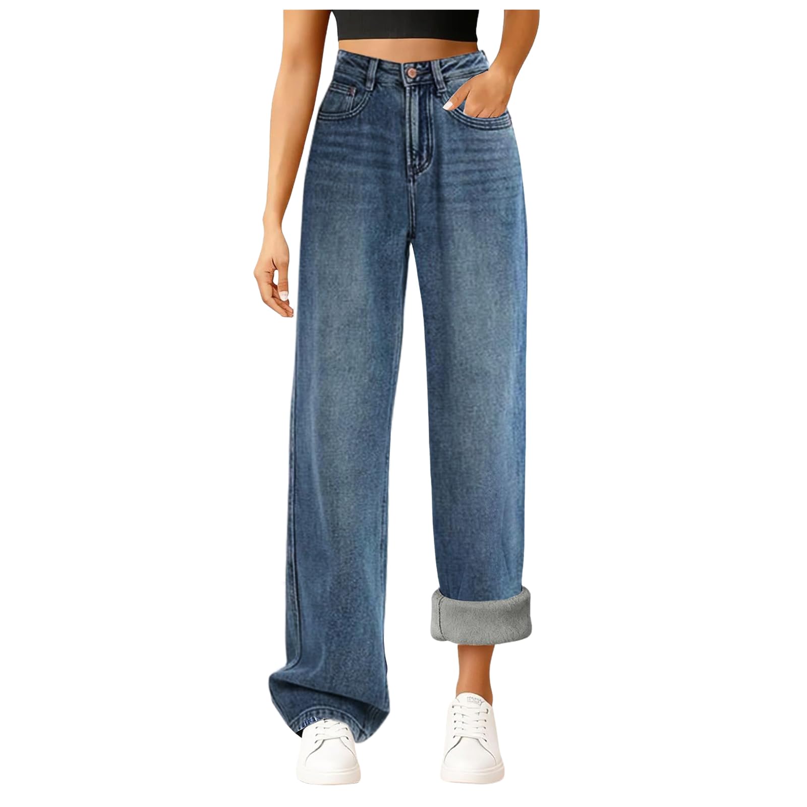Women's Wide Leg Fleece Lined Jeans High Waisted Winter Warm Sherpa Flannel Baggy Straight Leg Loose Stretchy Denim Pants