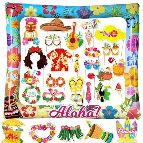 AIBAOBAO 30 unidades Photocall havaiano com moldura de fotos insuflável Aloha, foto Prop para festas e aniversários, foto de festa havaiana decoração Photo Booth para tropical Luau verão praia Pool