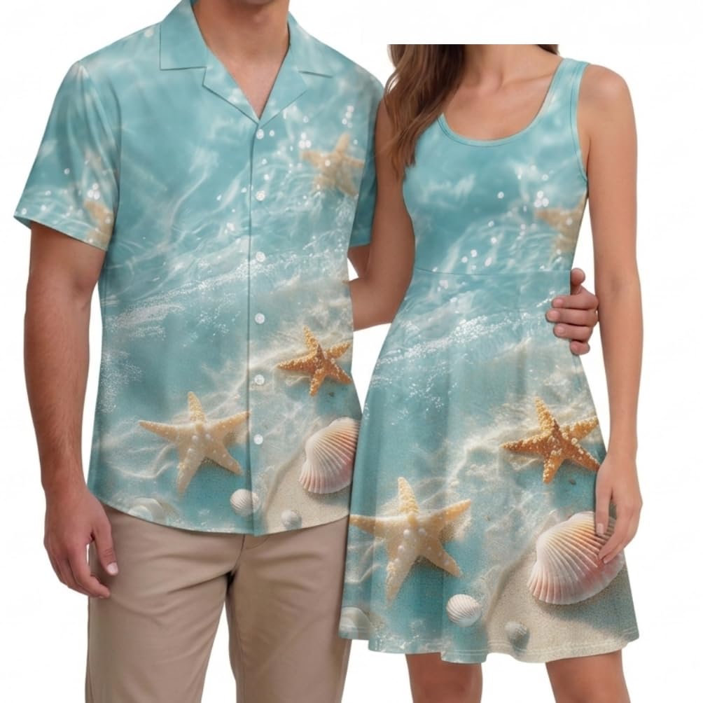 Hawaii Matching Couple Outfits Husband and Wife Clothing Fashionable Mens Casual Shirts Hawaii Dress with Soft Fabric