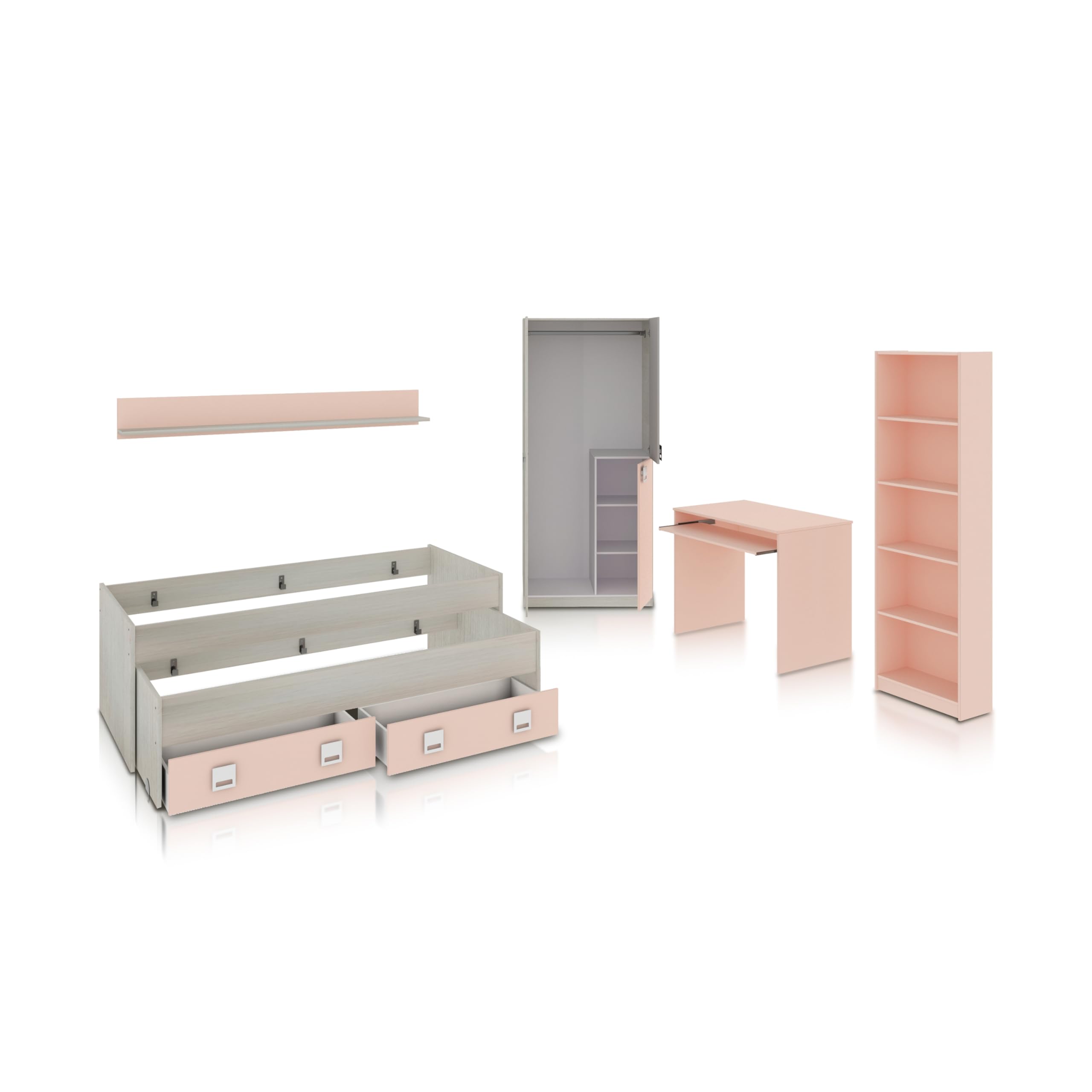 duehome | Pack de Dormitorio Juvenial con Cama Nido Juvenil, Armario, Escritorio y Estantería, Conjunto de Dormitorio Infantil, Modelo Kenia MAX, Acabado en Blanco Alpes, Rosa Pastel y Gris