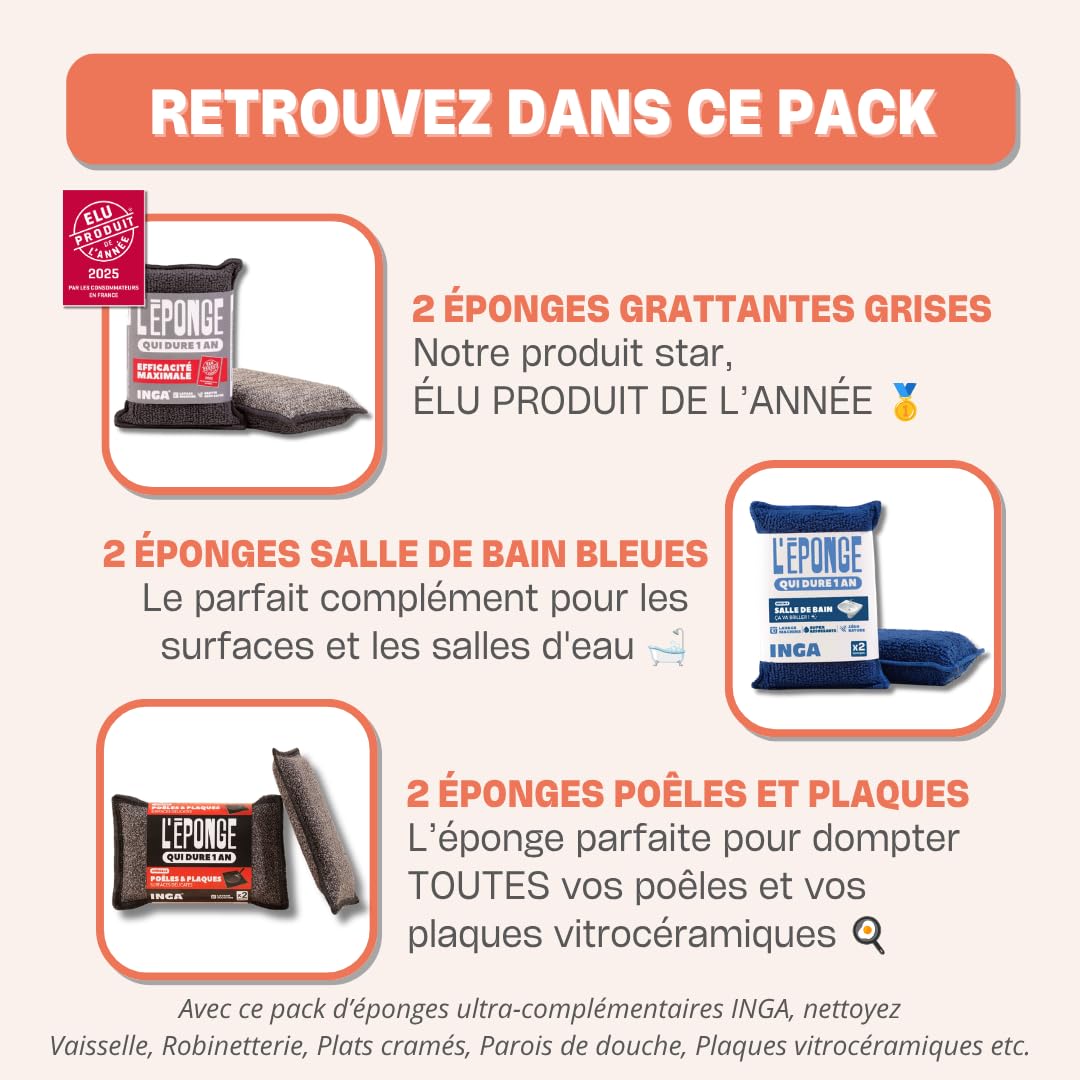 INGA – Pack Trio Expert Home: 6 esponjas lavables (2 rascadores grises + 2 baño + 2 sartenes y placas) – Una esponja para cada uso – Ultra eficaz y reutilizable – Fabricado en Europa