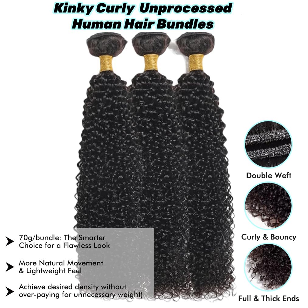 Kinky-curly Human Hair Bundles Rizado Natural Negro 16 18 20 Pulgadas | Rizado Mechas de Cabello Virgen Natural Brasileño 100% Sin Procesar Extensions