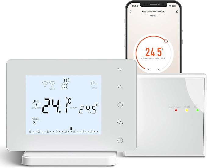 Termostato WiFi de caledera con Alexa,Control Vocal.Termostato programable Tuya,Control Remoto por App o la Pantalla de táctil.Termostato Portátil para Calefaccion de Gas/Agua 306RF