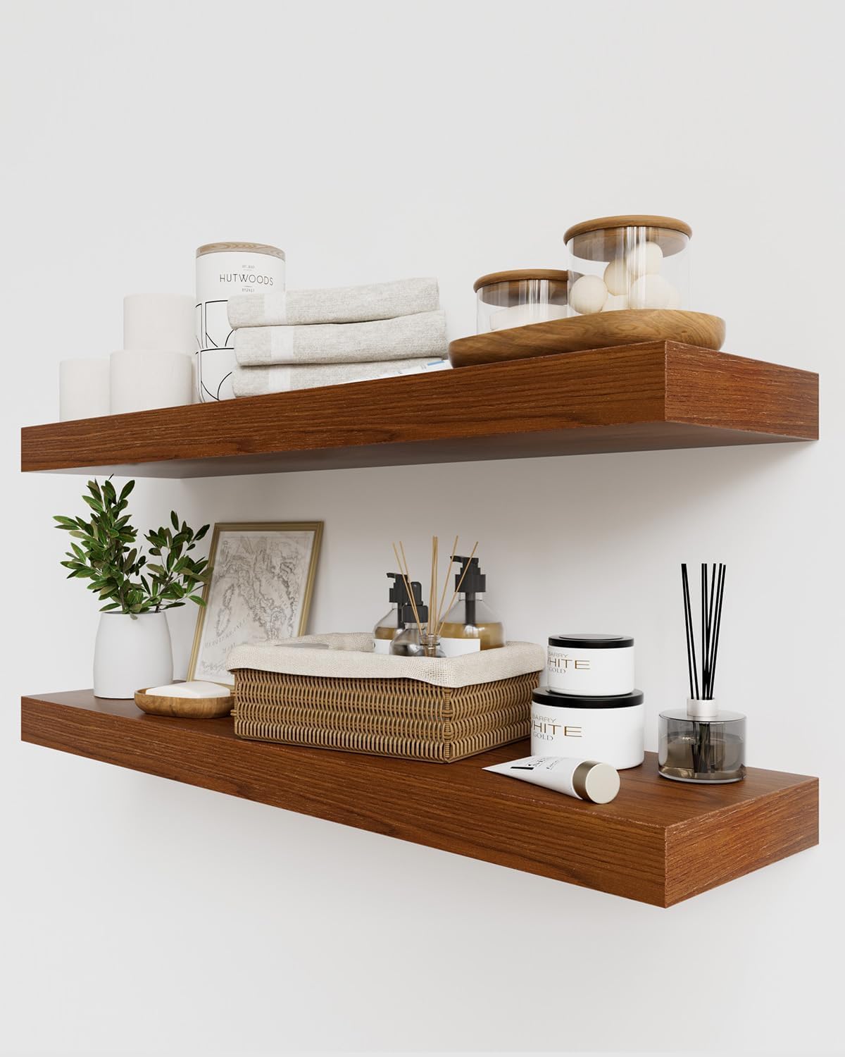 QueenFun 24 Inch Walnut Floating Shelves, 8 Inch Deep