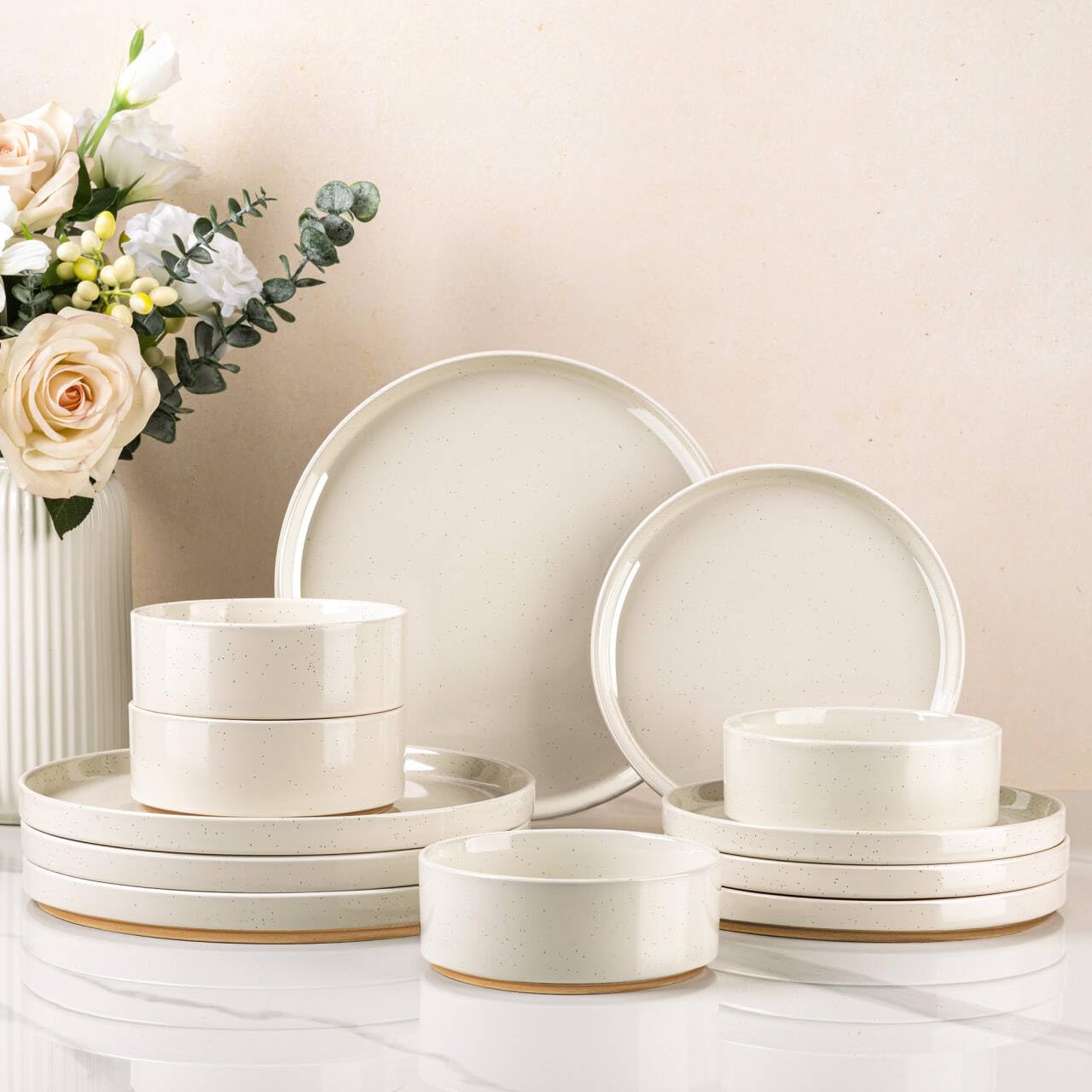 AmorArc Ceramic Dinnerware Set for 4 | Speckled Stoneware Plates and Bowls with unglazed terracotta | Scratch Resistant, Dishwasher & Microwave Safe Dishes Sets- 12-Pcs Beige