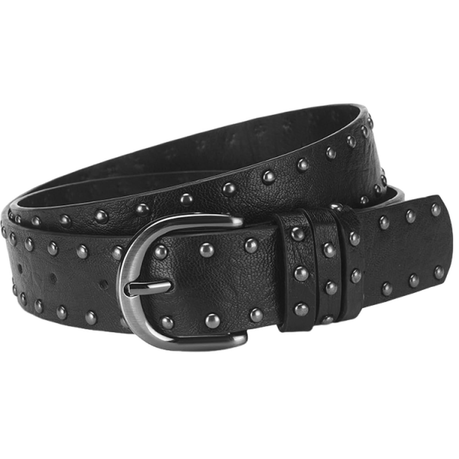 AGUTALITHIC Punk-Rock Studded Belt for Women,Western 2 Row Round Rivet Gothic PU-Leather Strap 33mm for Jeans & Pants Outfits(105cm/41, Black)