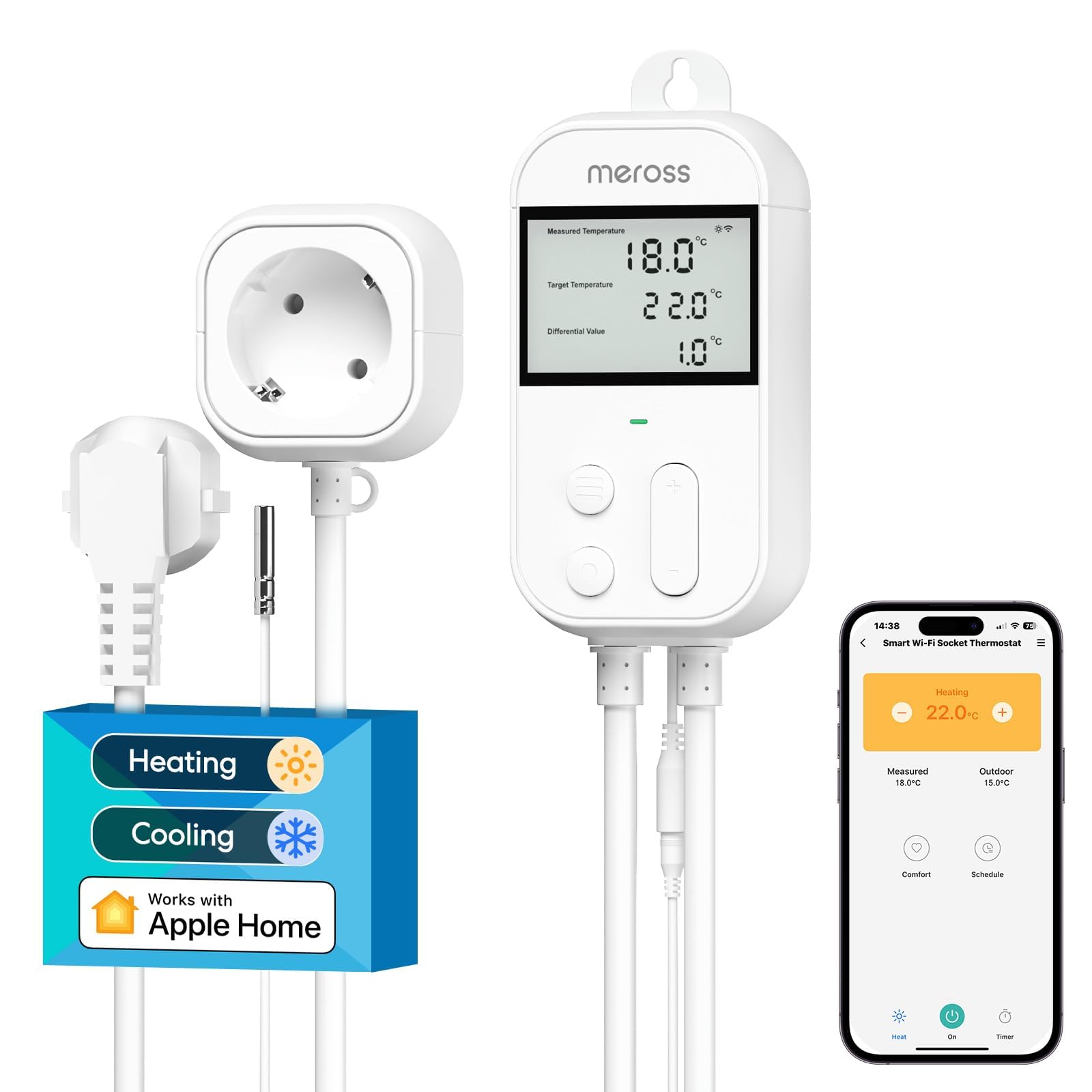 meross Intelligent Digital Thermostat Plug with Probe, 2.4GHz WiFi Temperature Controller Plug Thermostat 16A 3840W, Compatible with Apple HomeKit, Alexa and Google Home ClimatePartner certified