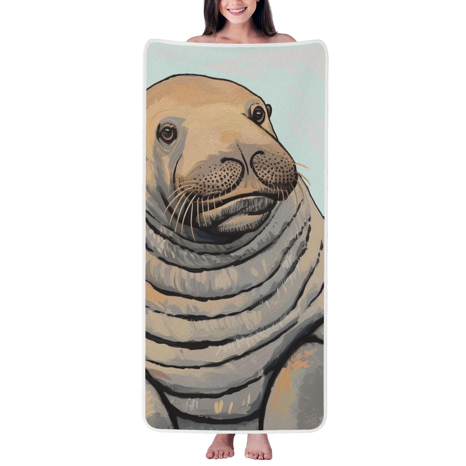 WPKJU Walrus Art Printed Bath Towel with White Edging - 27x55 in Soft Extra Absorbent Coral Velvet Shower Towels for Bathroom