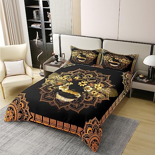 Cotton Bee Bed Sets Boho Mandala Duvet Cover Yellow Flowers Bedding Set King Animal Themed Comforter Cover with Zipper Closure Hippie Florals Bedroom Set Orange Gold Ombre Gradient Decor,Black - Image 3