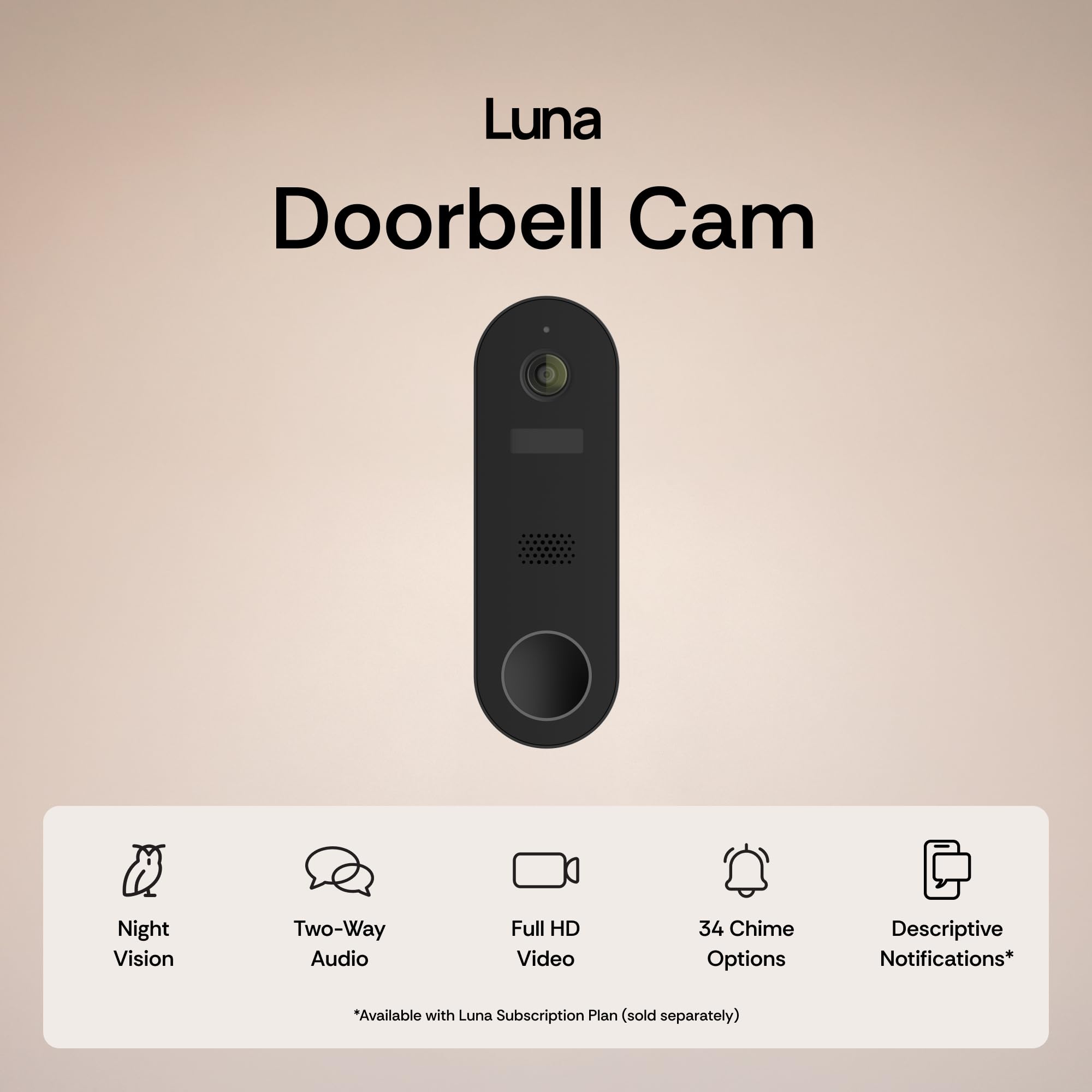 Luna Türklingelkamera Kabellos, KI-Mensch/Paketerkennung, sofortige Benachrichtigungen, Nachtsicht, 2-Wege-Audio, batterie-/kabelbetrieben, Cloud-Speicher, 2,4 GHz Wi-Fi, Smart Video Türklingel mit