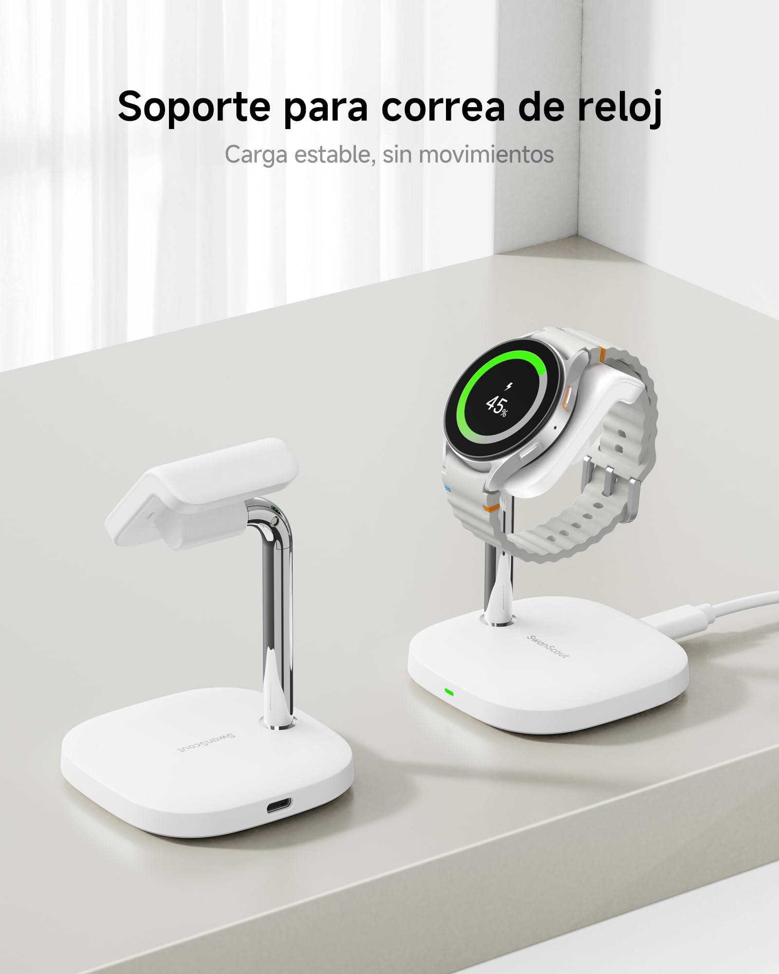 SwanScout Cargador para Samsung Galaxy Watch Ultra(2025)/8/8 Classic/7/Ultra/6/6 Classic/5/5 Pro/4/3/Active 2, Soporte de Carga para Galaxy Watch, SwanScout 505S (Blanco)