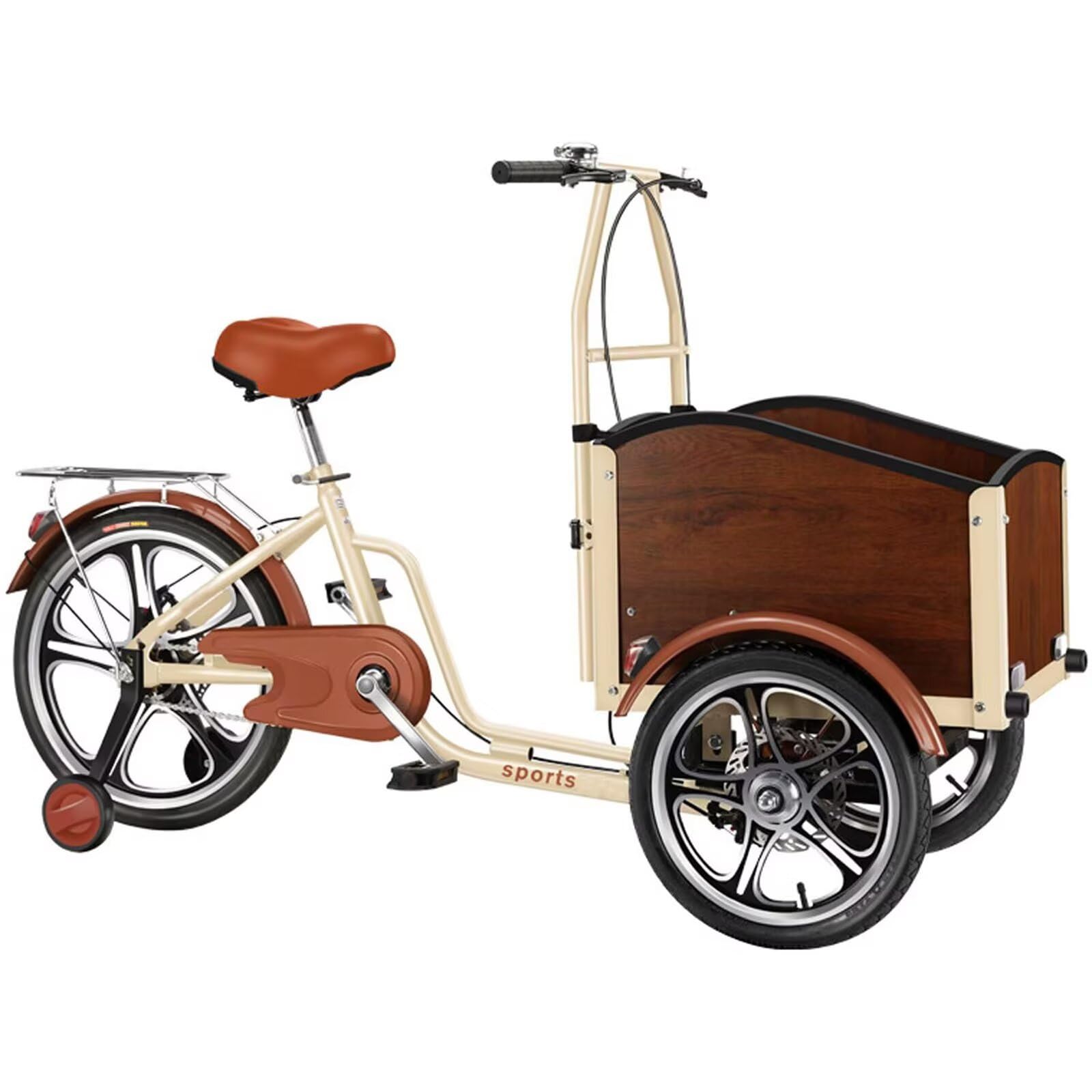 Inverted Pedal Tricycle with Front Wooden Box,Adult Tricycle with Training Wheels to Pickup Kids,Pets,Disc Brakes,3 Wheels Bike,for Cycling, Outing, Picnic