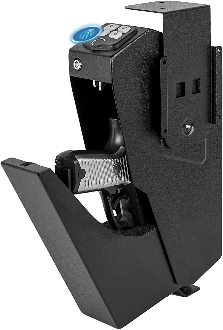 GOLDENKEY Gun Safe,Biometric Gun Safe for Pistols,DOJ Certified,Mounted Handgun Safe Quick Access,Auto Open Lid Smart Pistol Safe with Fingerprint or Keypad Lock