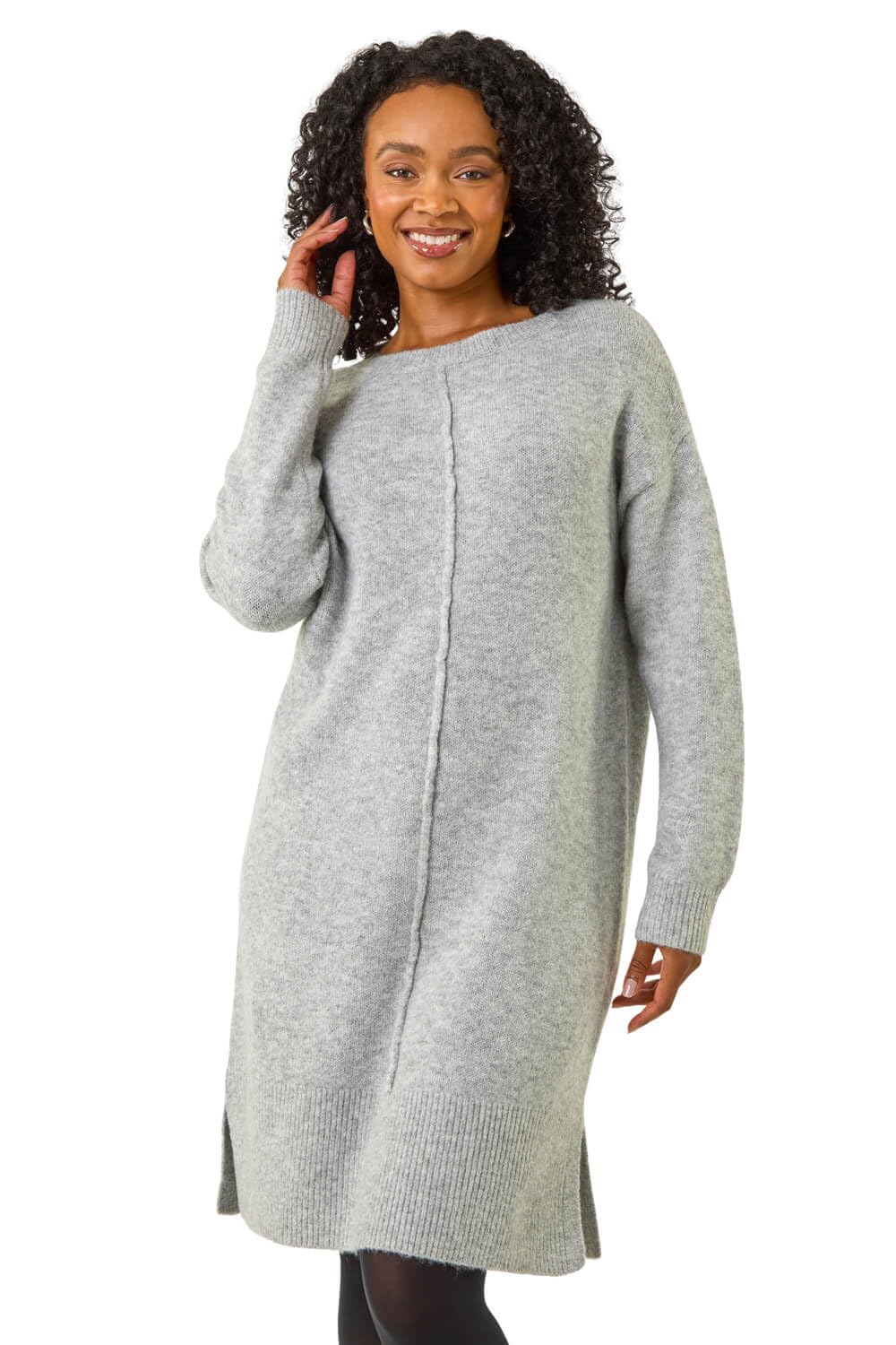 Roman Originals Women's Null Roman Petite Knitted Pintuck Shift Dress For Uk - Everyday Autumn Winter Round Neckline Comfy Soft Evening Vacation Work Party Night Out - Petite Black - Size 16