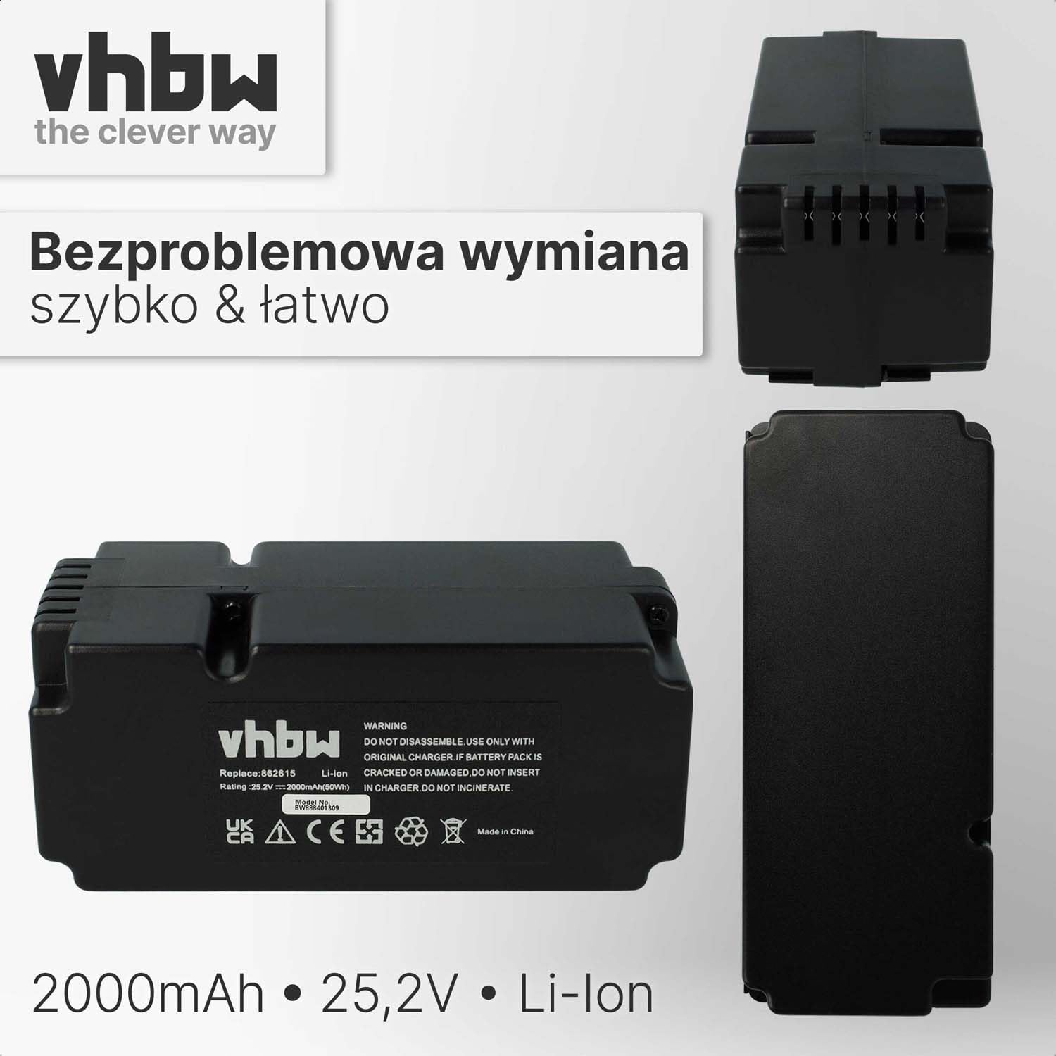 vhbw Bateria zamienna do 862601 | 862615, 862617, 862618, 0862622, 0862622001 do kosiarek automatycznych (2000 mAh, 25,2 V, litowo-jonowy)