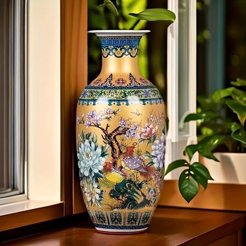 14“ jingdezhen large fishtail ceramic vase golden handmade home decorative vase, modern luxury accent for living room, wedding, or gift. elegant floral arrangement centerpiece. (g)