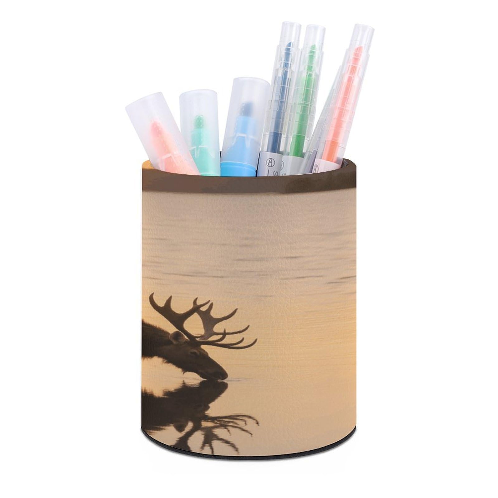 VstaDank River Landscape Moose Pen Holder Round Pencil Holder Cup Pen Container PU Leather Desk Organizer Stand Decorative Brush Scissor Holder Decoration Office Desk Home (3.1 x 3.9 inch)