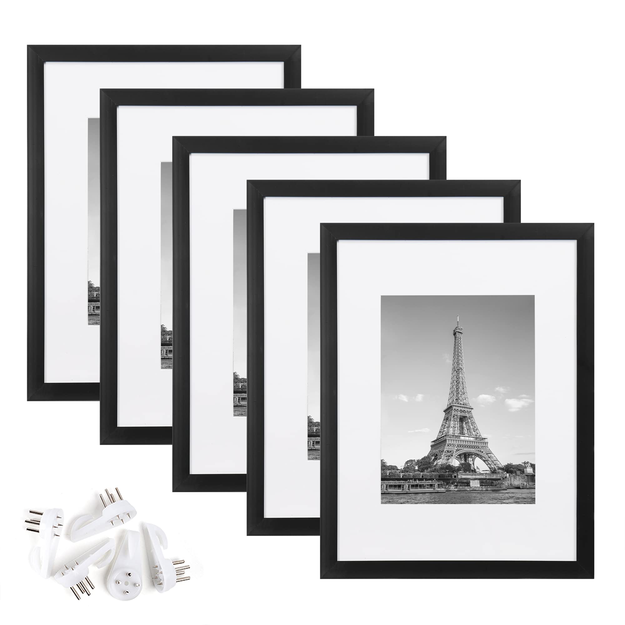 upsimples9x12 Picture Frame Set of 5, Display Pictures 6x8 with Mat or 9x12 Without Mat, Wall Gallery Photo Frames, Black