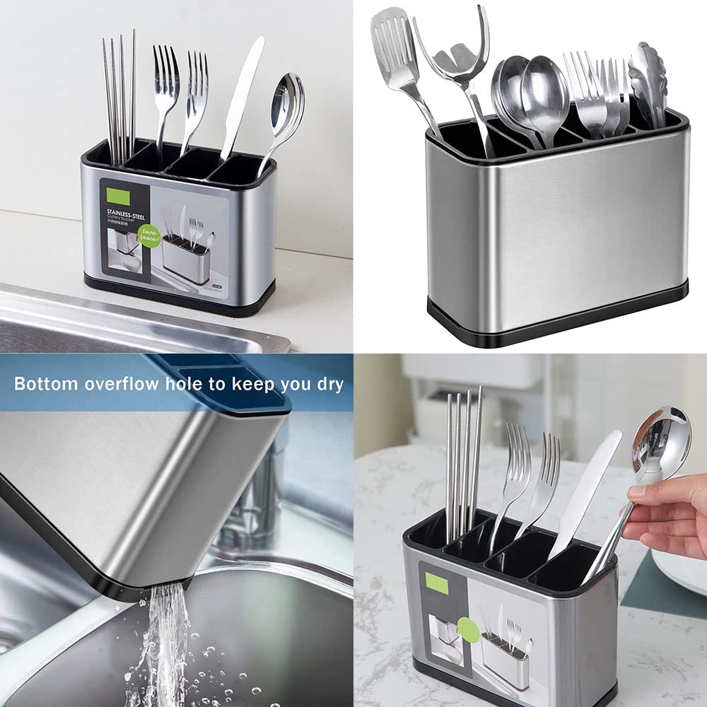 Portaposate Da Cucina, Scolaposate Da Lavello, Scolaposate Acciaio, Porta Posate da Tavola, 4 Scomparti, per Riporre Bacchette, Coltelli, Forchette, Ecc