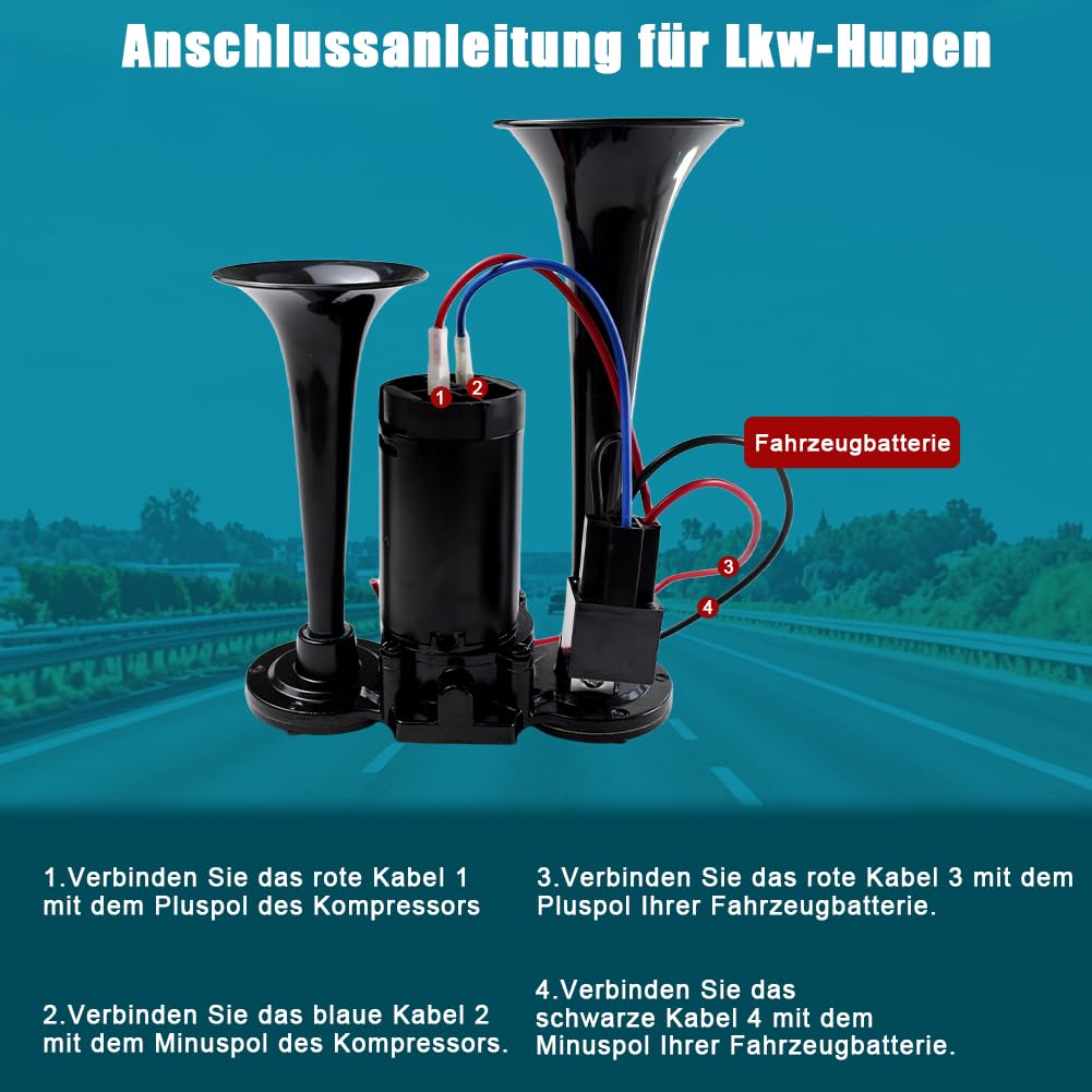 LKW Hupe 12V, 135DB LKW hupe, Doppelrohr Train Horn mit Kompressor, Lufthorn Druckluft Hupe Kit, für 12V Fahrzeuge LKW Lörries Züge Boote Cars Vans, Schwarz