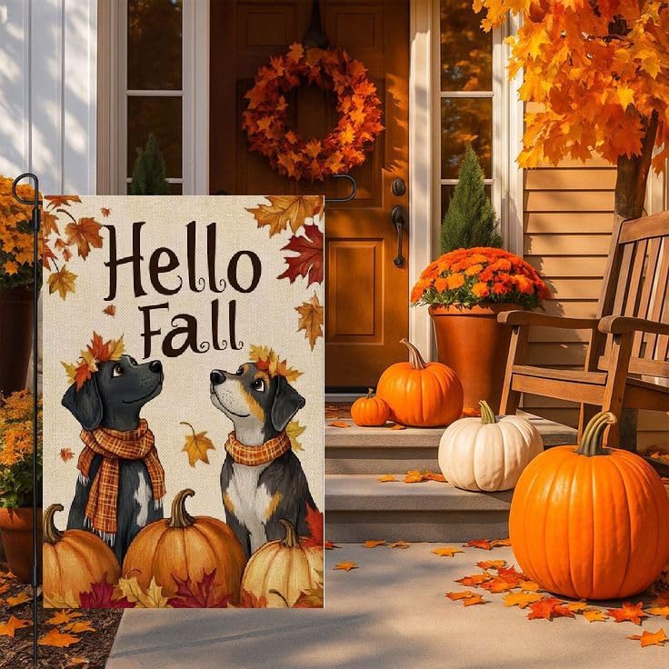 Hello Fall Dogs 12x18 Double Sided Garden Flag,Pumpkin Farmhouse Small Yard Flag for Outside Decoration Autumn Welcome Seasonal Yard Outdoor Burlap Flag - Image 2
