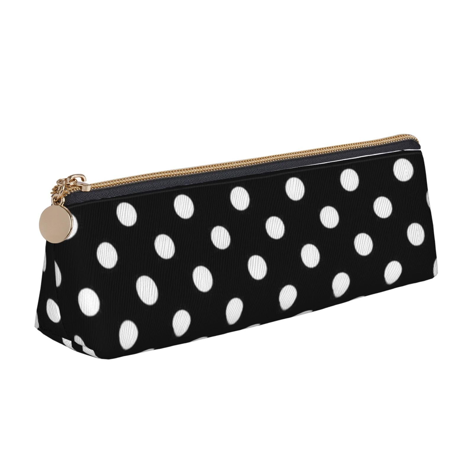 FLYIFE Black and White Polka Dots Triangle Leather Pencil Case for Girls Boys, Zipper Pencil Bag Pen Pouch Bag Organizer for Student School Office College
