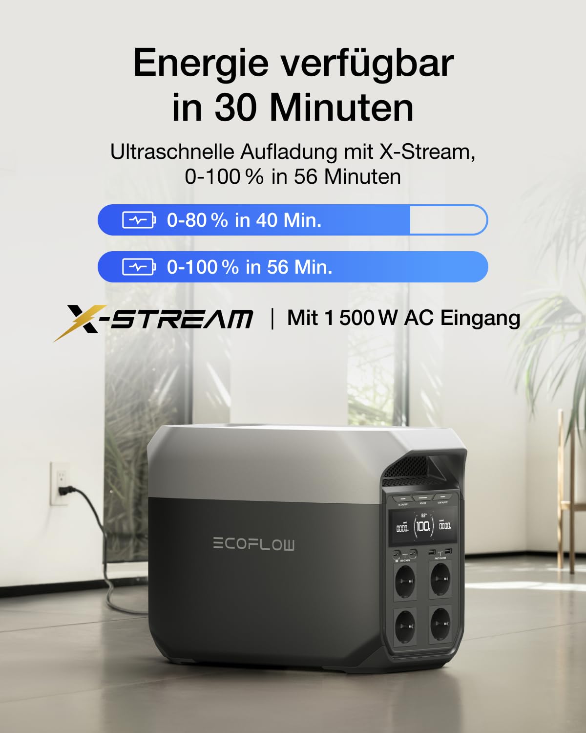 EF ECOFLOW DELTA 3 Tragbare Powerstation, 1 024 Wh Solargenerator, LiFePO4-Batterie, Schnellladung von 0-70% in 30 Min., erweiterbar auf 5 kWh, für Zuhause, Camping und Reise