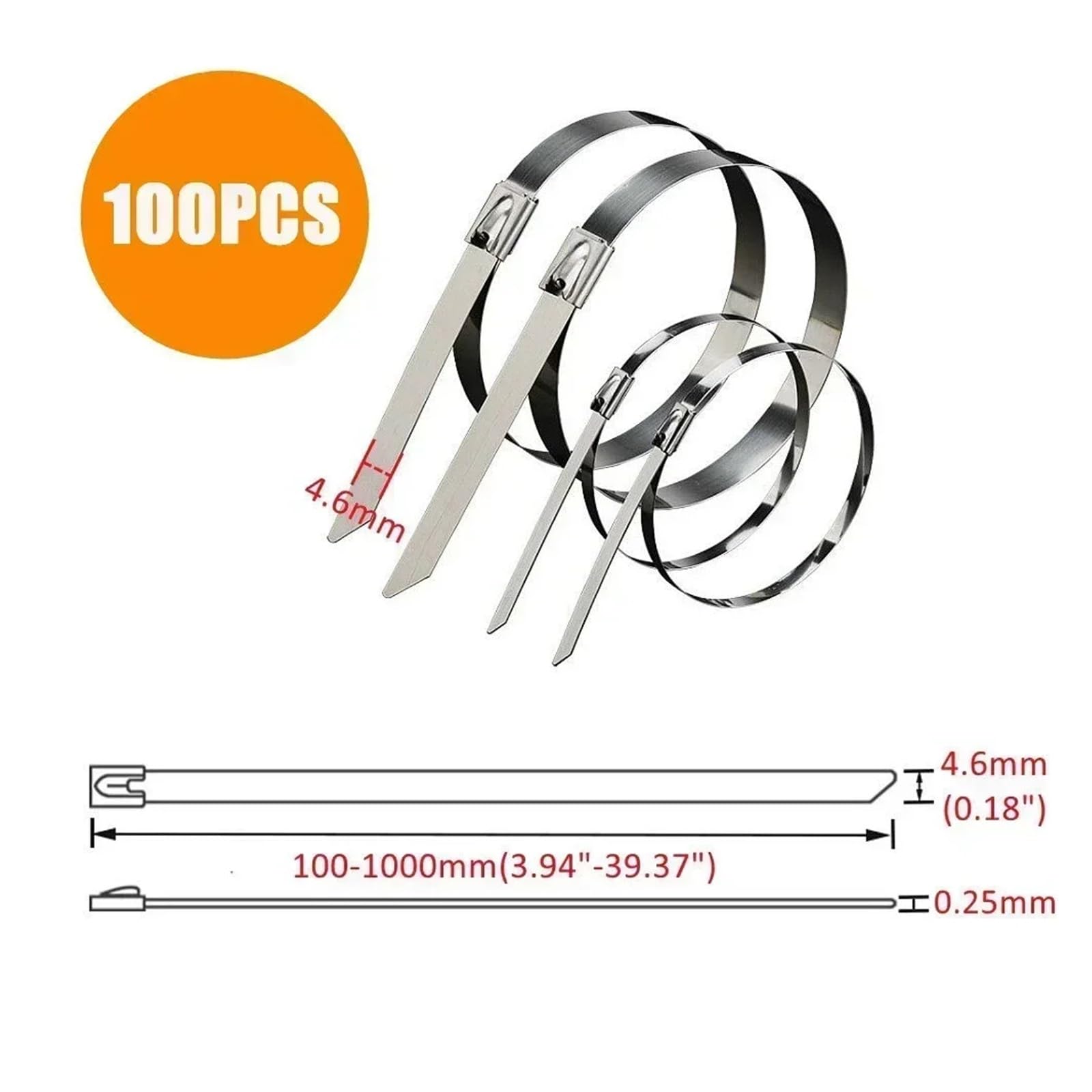 304 Opaski metalowe ze stali nierdzewnej, Opaski k 100 szt. metalowych opasek zaciskowych(4.6mm,400mm(15.75inch))