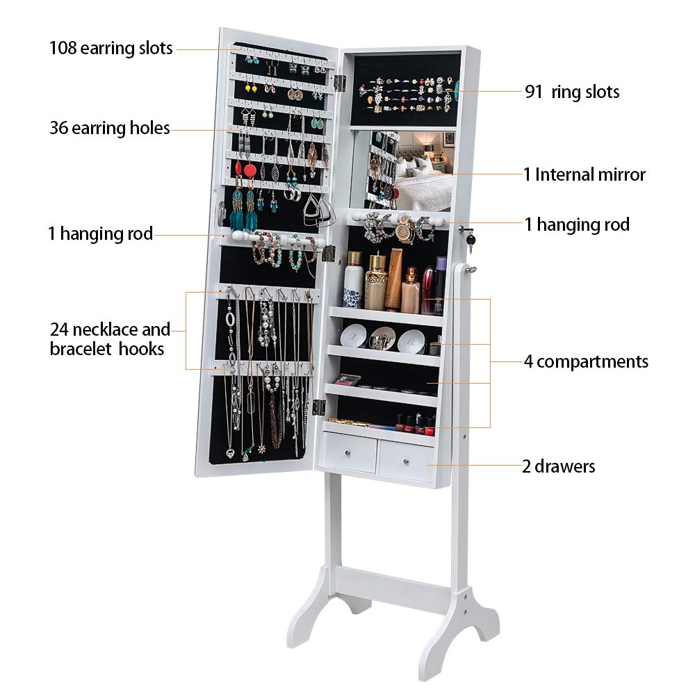 LEADZM Armoire à Bijoux sur Pieds, Meuble de Rangement Cosmétiques, Organisateur de Bijoux avec Grand Espace de Rangement pour Chambre, Placard à Accessoires avec Miroir, Verrouillable, Blanc Boisé