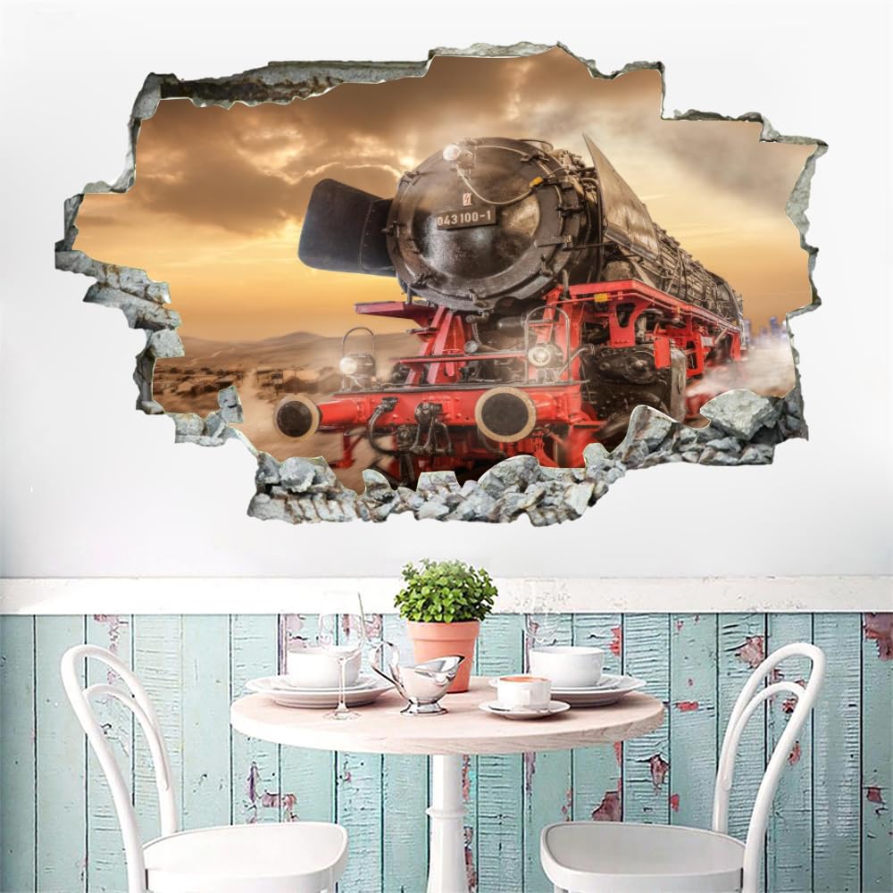 Décalcomanie Brisée 3D, Train Rétro Autocollant Amovible En Vinyle Art Peel And Stick, Tempête De Sable Tatouage Mural Filles Enfants Chambre Décor Mural Décor À La Maison 120x80cm