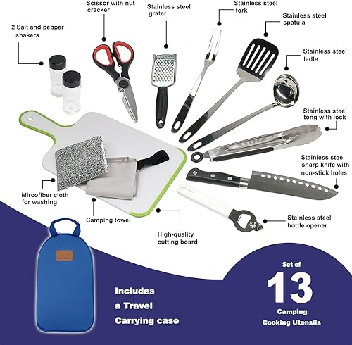 Miniatura 2 de Gold Armour Juego de organizador de utensilios de cocina de campamento de 13 piezas, kit esencial de equipo y accesorios para acampar al aire libre,