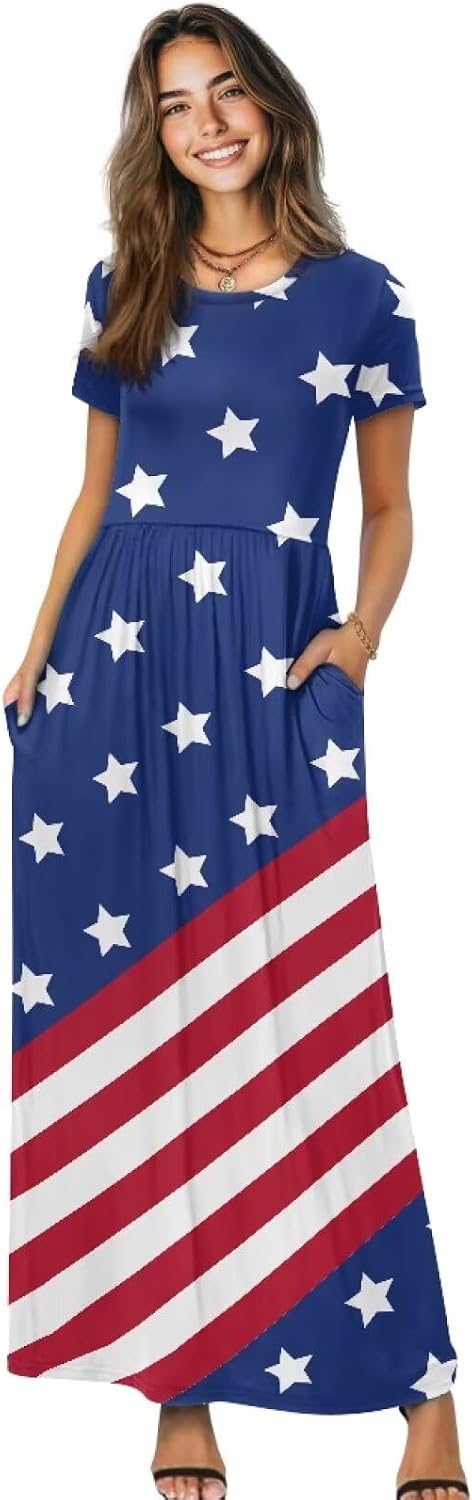 Women's Short Sleeve Loose Maxi Dresses Casual Long Dresses with Pockets, Flowy Long Summer Dress Size S-4XL