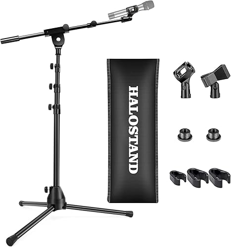 Soporte de micrófono plegable para el suelo, trípode resistente, brazo con 2 tornillos, 2 clips de micrófono, 2 fundas de espuma y bolsa de