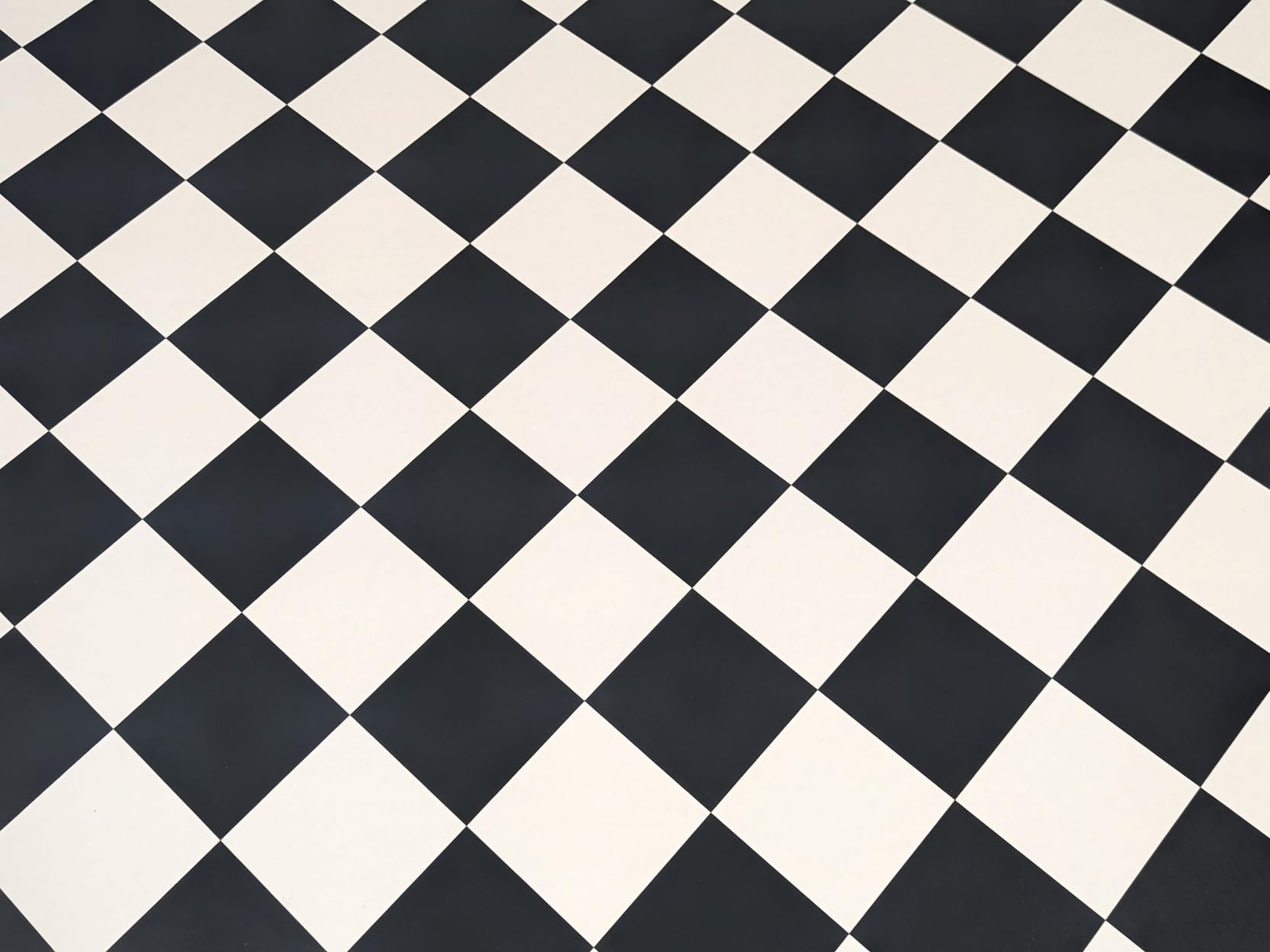 Suelo de PVC con diseño de tablero de ajedrez en diagonal, en blanco y negro, 14 x 14 cm, Corte (2m de ancho / 1,5m de largo)