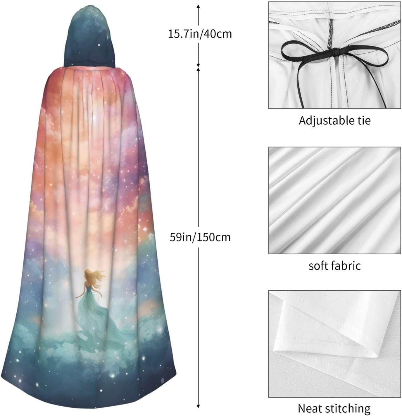 Unisex Full Length Hooded Halloween Christmas Party Robe Cloak Cape Cosplay Costume Men Women Fantasy Paradise Space Prints Black
