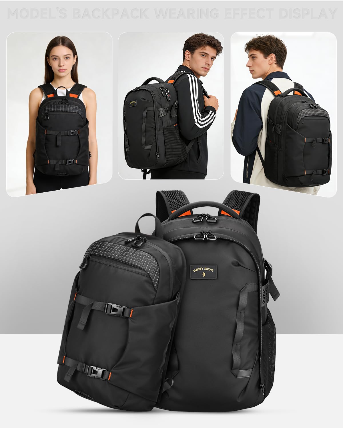 Rucksack herren Set Handgepäck Rucksack mit abnehmbarer Tasche, 2-in-1 rucksack handgepäck flugzeug mit 17 Zoll Laptopfach, verstellbare Gurte für Business & Urlaub Schwarz