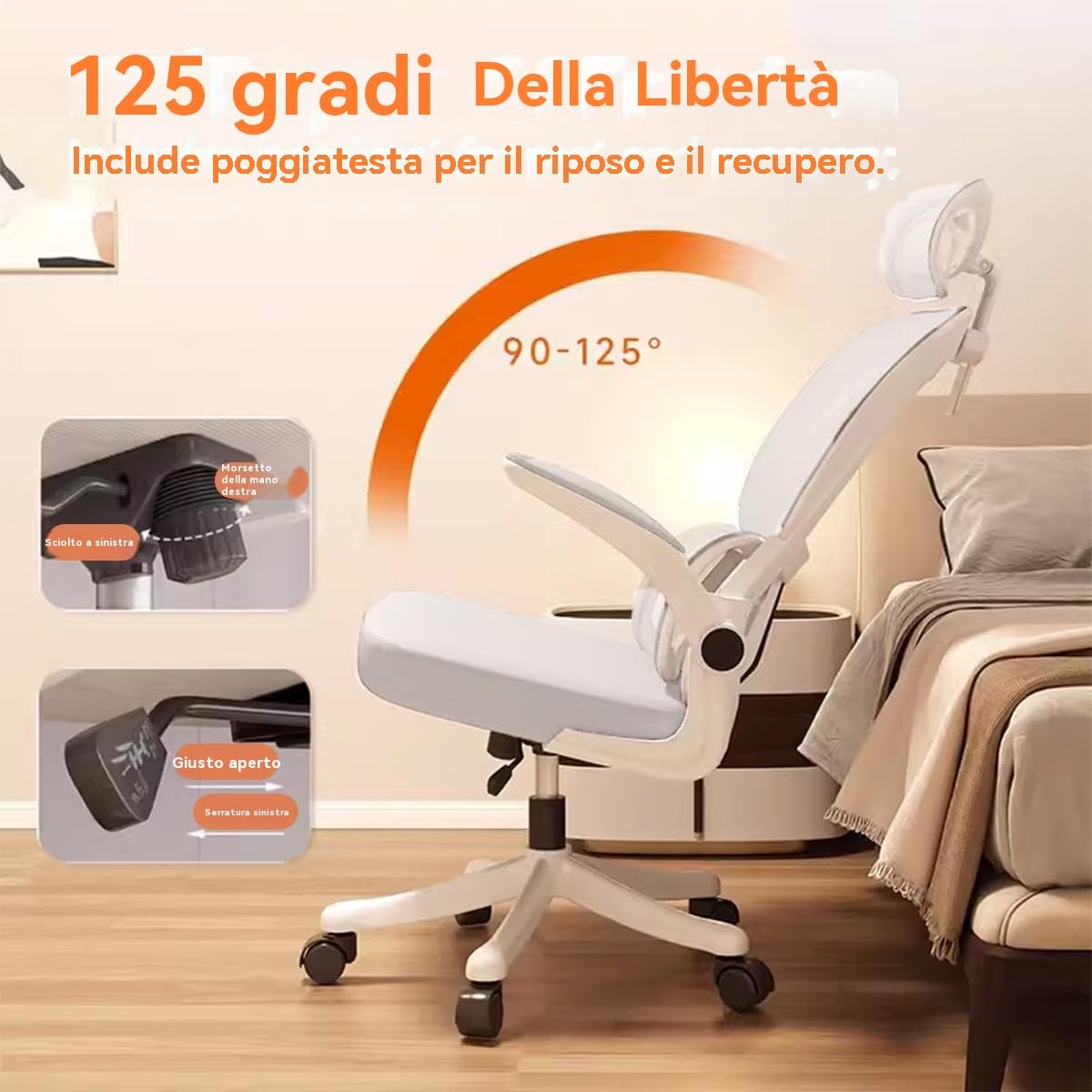 Sedia da Ufficio Ergonomica - Bianco | Sedia da Scrivania Regolabile con Schienale Alto in Rete,Supporto Lombare,Braccioli Ribaltabili | Per Ufficio Domestico,Gaming,Studio