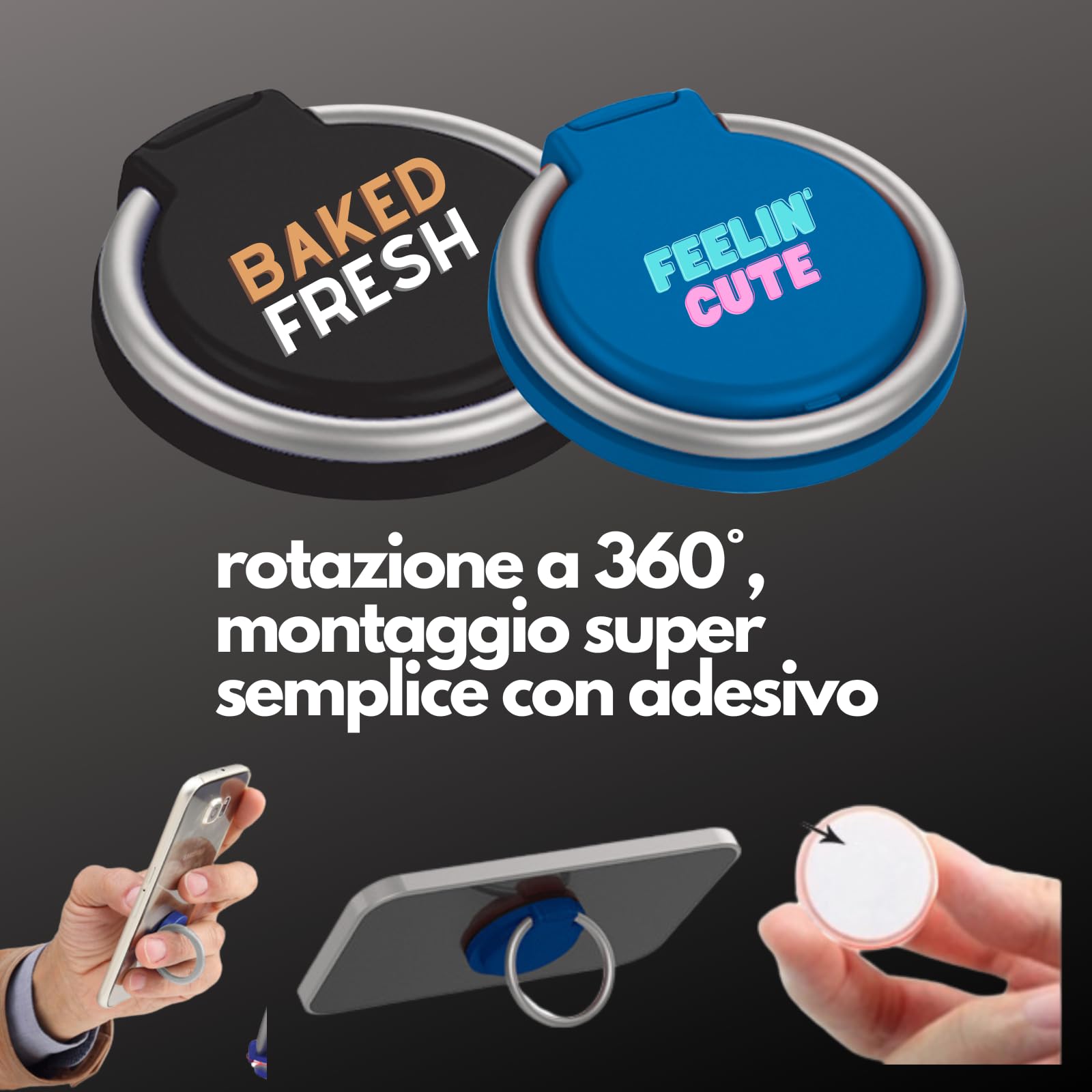 Anello Adesivo per Telefono Cellulare Personalizzabile con Testo Nome Logo, Supporto Telefono Cellulari Rotazione 360° per tutti smartphone e tablet, Gadget Aziendale Pubblicitario (50)
