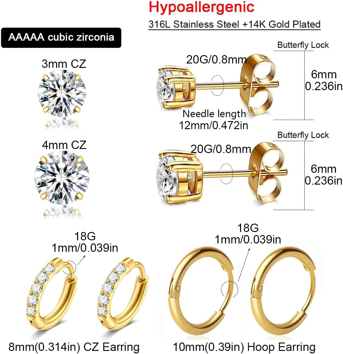Gold Hoop Earrings Set: Dainty Stud Earrings 14K Gold Plated Earrings for Women Trendy Hypoallergenic Gold Stud Earrings 3-4mm Cubic Zirconia Cartilage Piercing Gold Jewelry for Women Gifts - Image 4