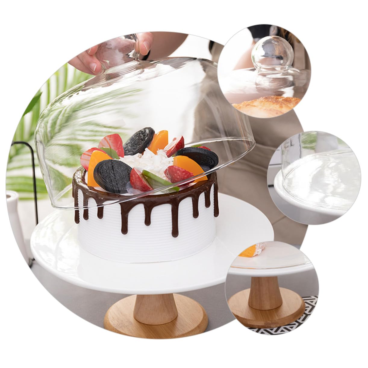 Tortenplatte mit Glasglocke und Holzsockel Praktische Kuchenhaube für Snacks und Desserts Stabile Runde Glasabdeckung Eleganter Food Cover für Partys und Backzubehör