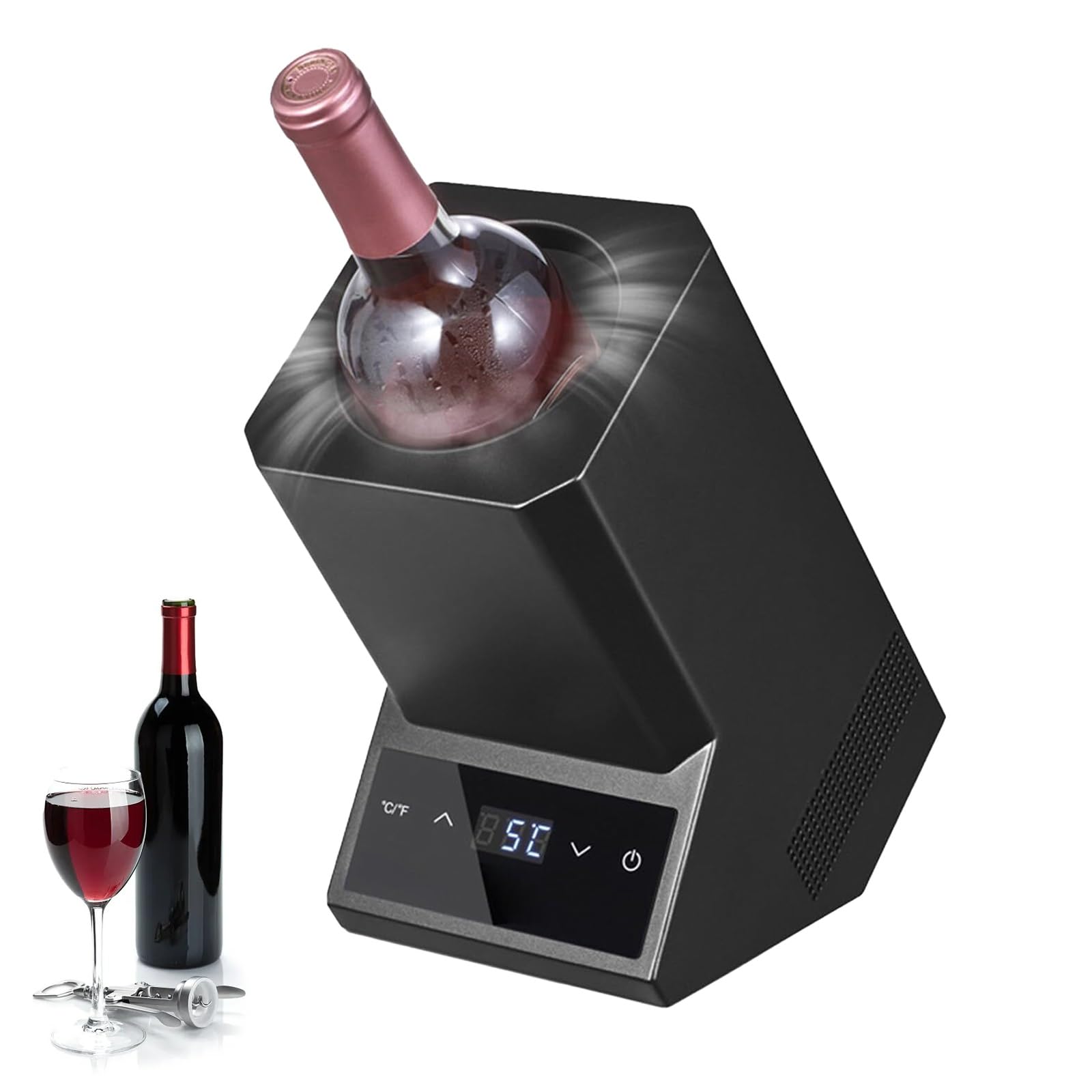 Enfriador de vino eléctrico, enfriador de vino de acero inoxidable para botellas de 750 ml, retención de frío durante 24 horas, se adapta a 3.6 pulgadas de diámetro, cubo de vino ideal para fiestas y